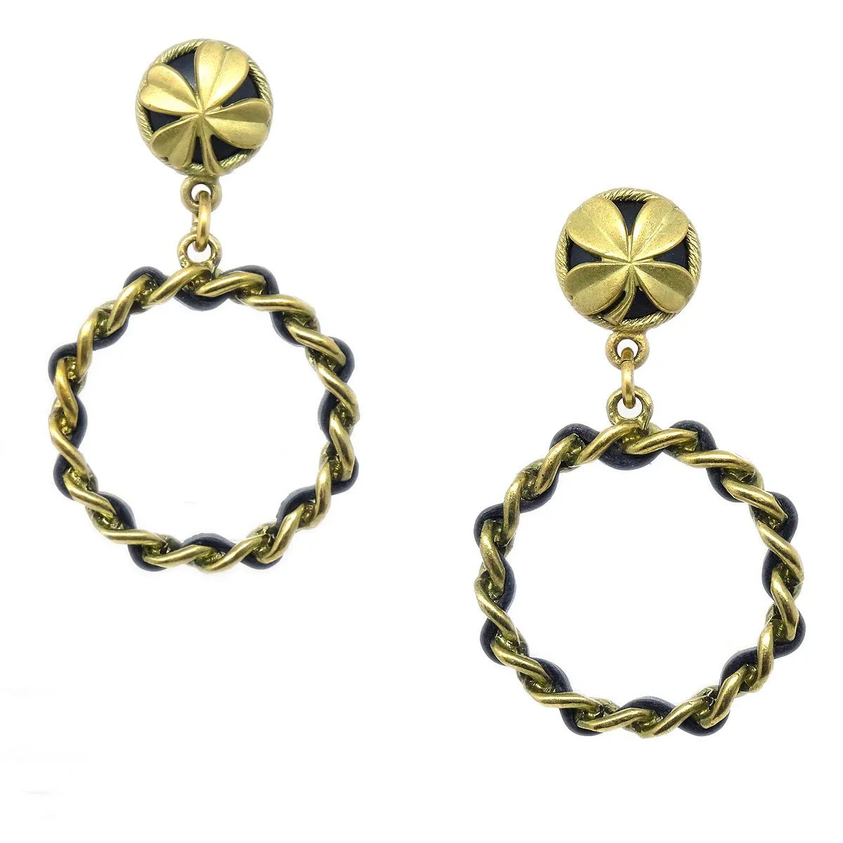Chanel Clover Chain Hoop Earrings Clip-On Gold 94P