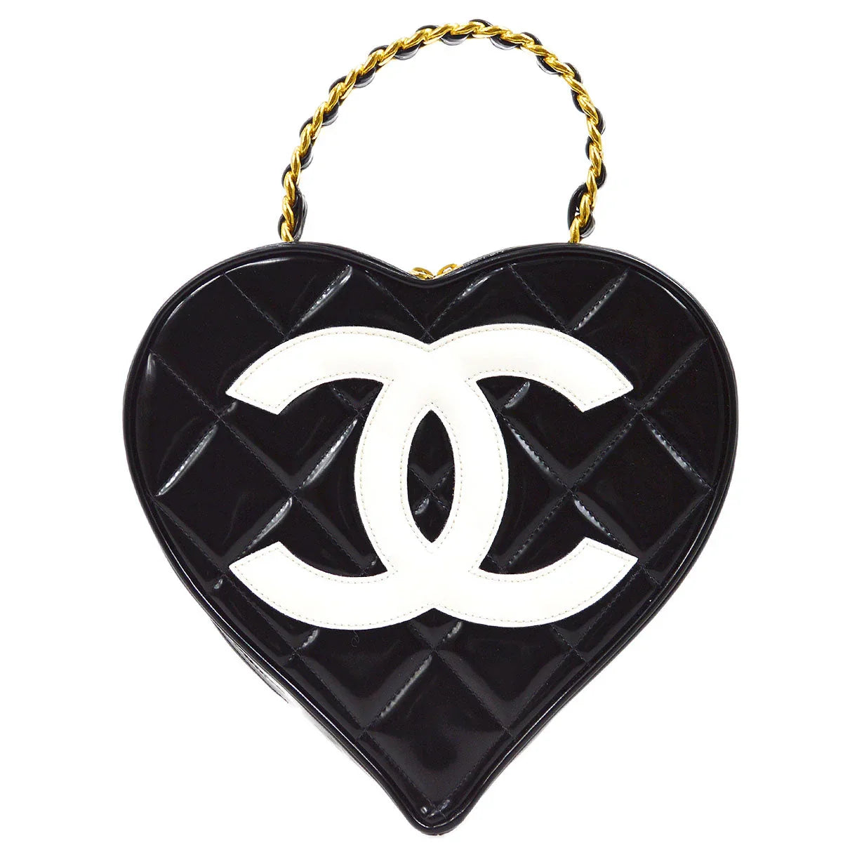 CHANEL * 1995 Black Patent Leather Heart Top Handle Bag