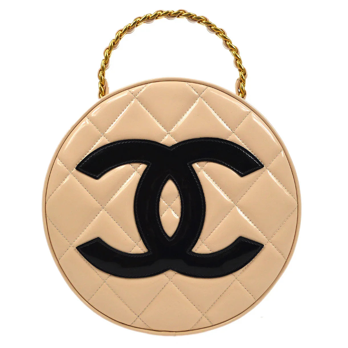 CHANEL * 1995 Round Cosmetic Chain vanity Hand Bag Beige