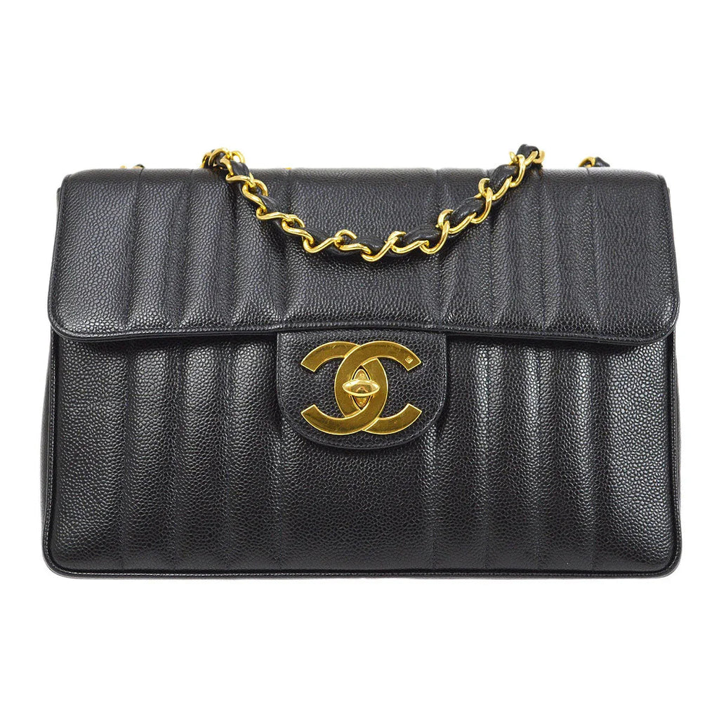 Chanel * 1994-1996 Black Caviar Jumbo Vertical Stitch Classic Flap