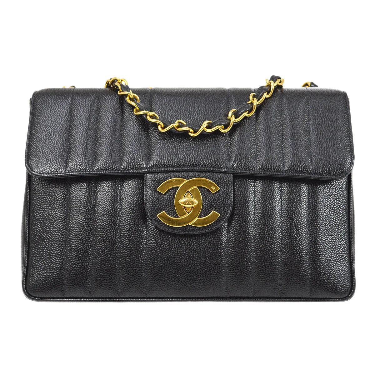 Chanel * 1994-1996 Black Caviar Jumbo Vertical Stitch Classic Flap
