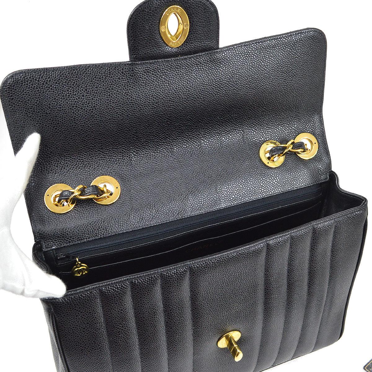 Chanel * 1994-1996 Black Caviar Jumbo Vertical Stitch Classic Flap