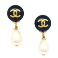 Chanel 1997 CC Black & Faux Teardrop Pearl Dangle Earrings