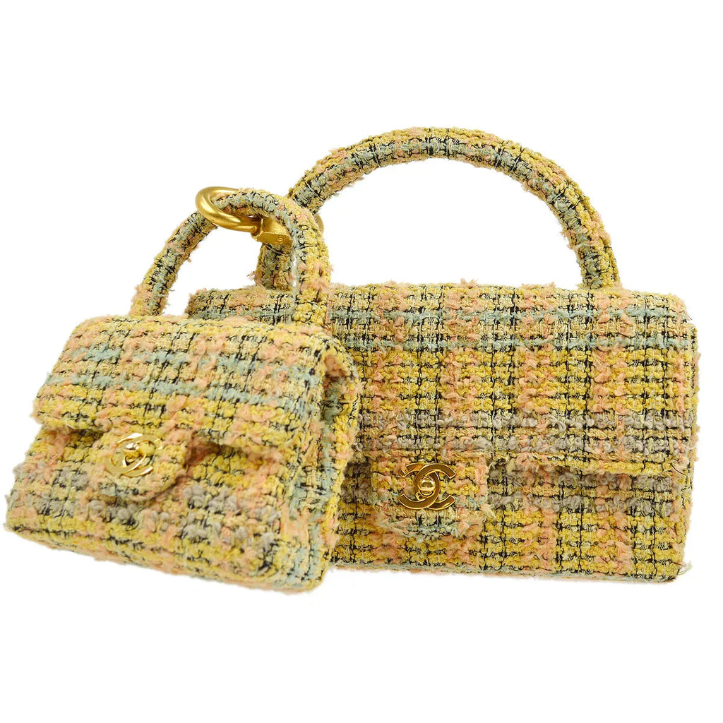 CHANEL * 1991-1994 Top Handle Bag Set Yellow Tweed