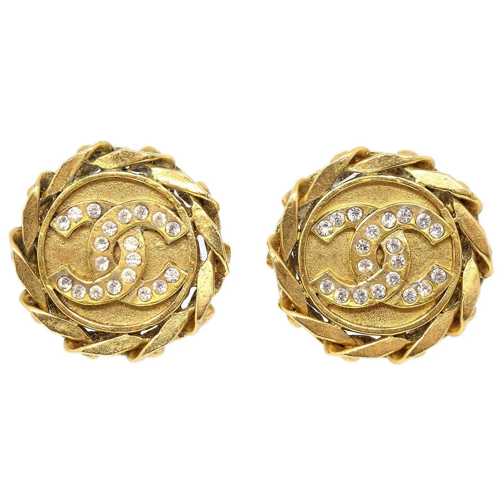 Chanel Button Rhinestone Earrings Clip-On Gold 23
