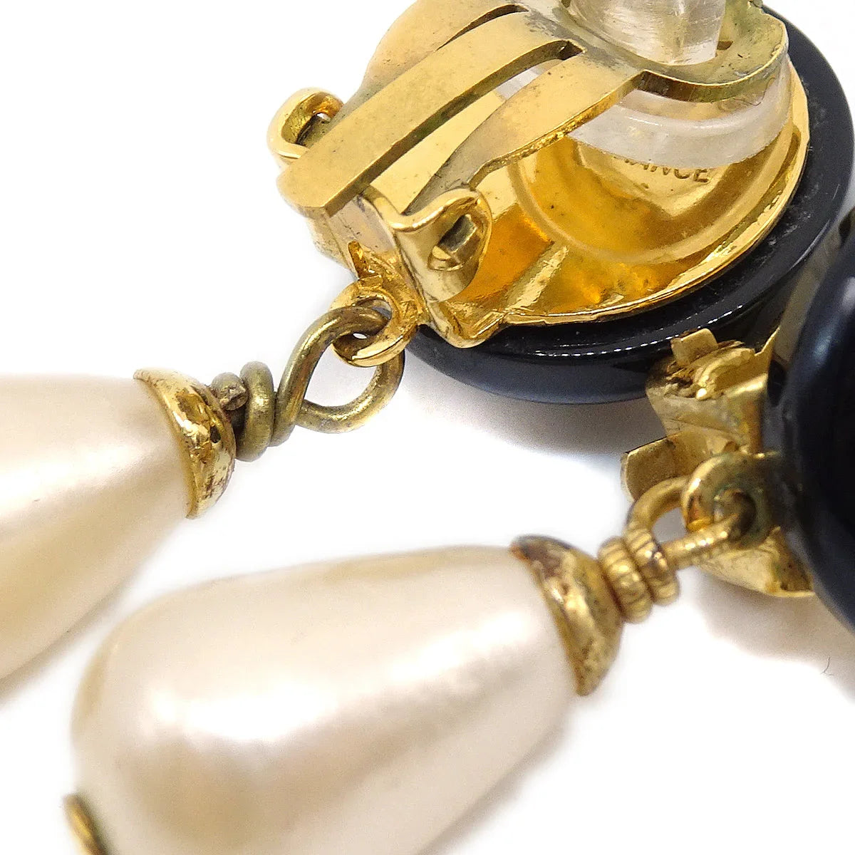 Chanel 1995 CC Black & Faux Teardrop Pearl Dangle Earrings