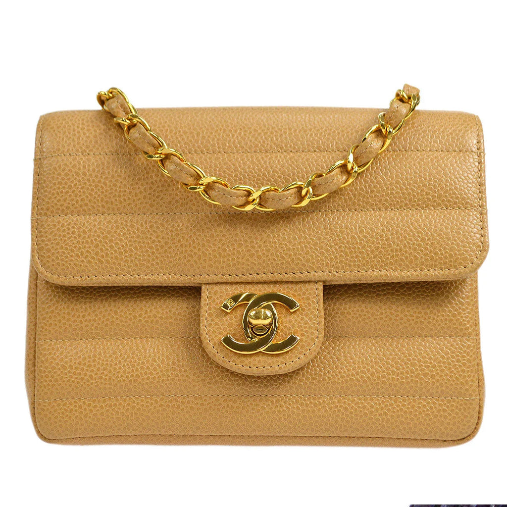 Chanel * 1994-1996 Horizontal Stitch Classic Square Flap Mini 17 Beige Caviar