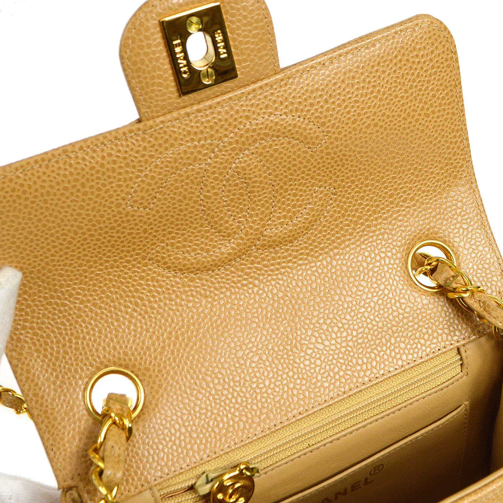 Chanel * 1994-1996 Horizontal Stitch Classic Square Flap Mini 17 Beige Caviar