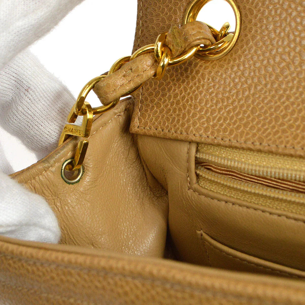 Chanel * 1994-1996 Horizontal Stitch Classic Square Flap Mini 17 Beige Caviar