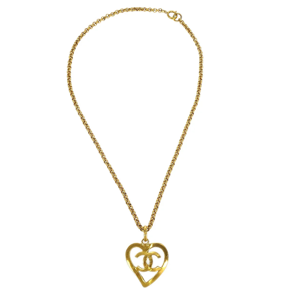 Chanel 1995 Gold CC Heart Cutout Pendant Necklace