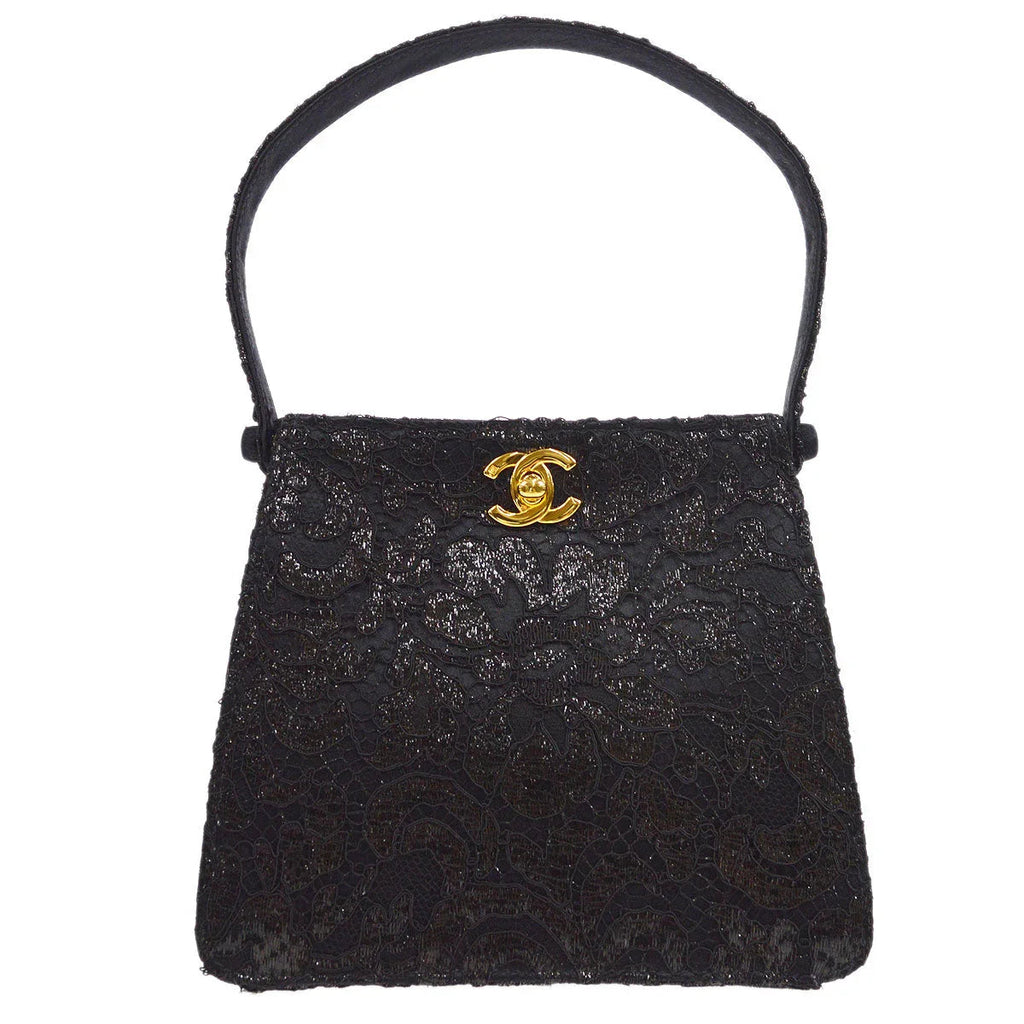 Chanel * 1997-1999 Lace Both Side Handbag Black Satin