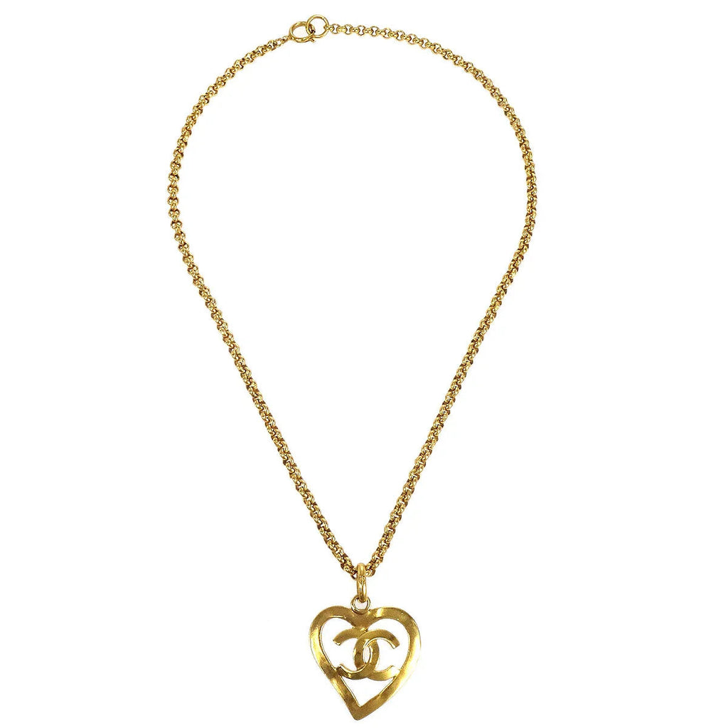 Chanel 1995 Gold CC Heart Cutout Pendant Necklace