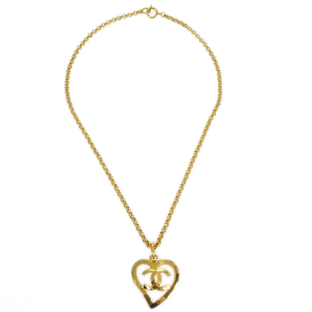 Chanel 1995 Gold CC Heart Cutout Pendant Necklace