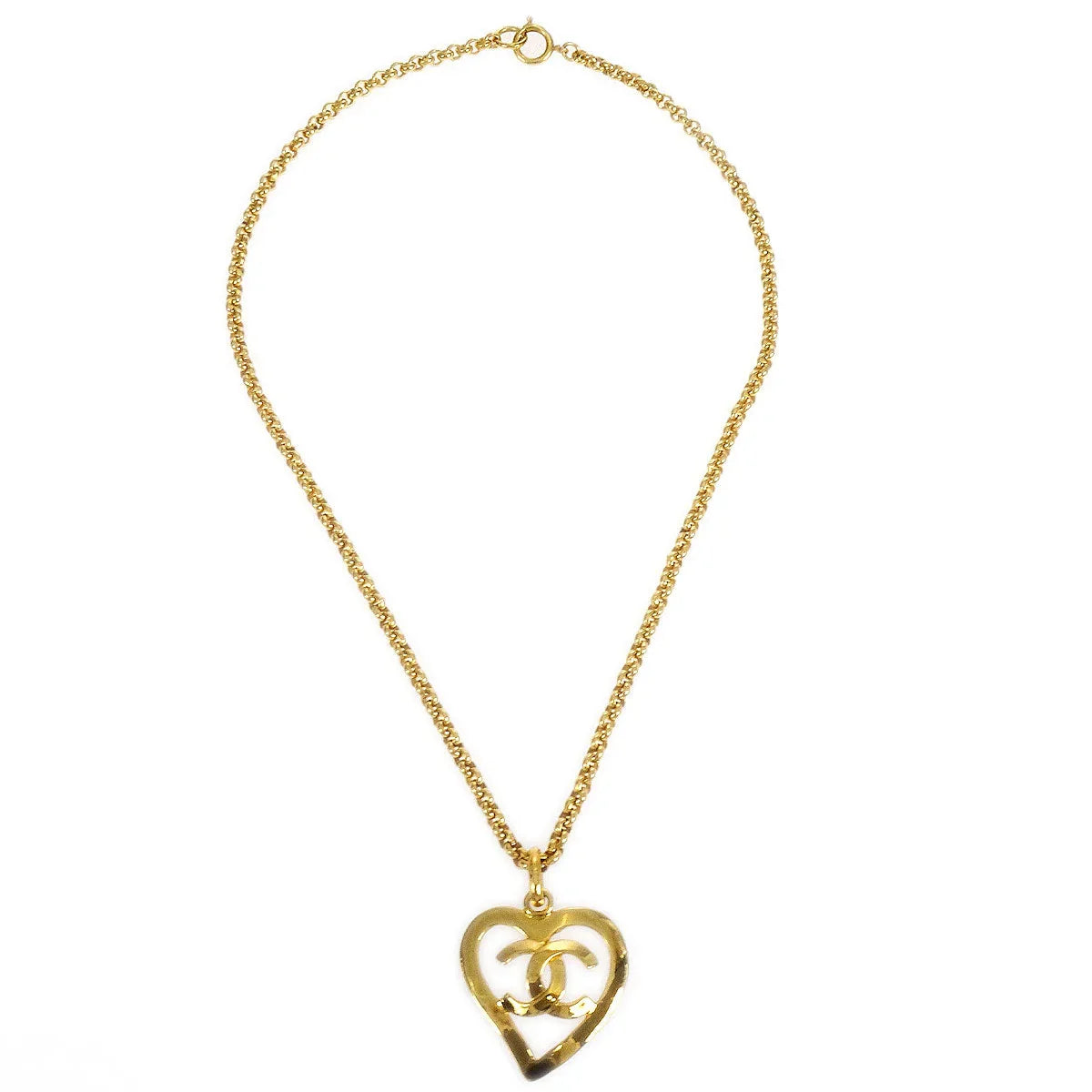 Chanel 1995 Gold CC Heart Cutout Pendant Necklace