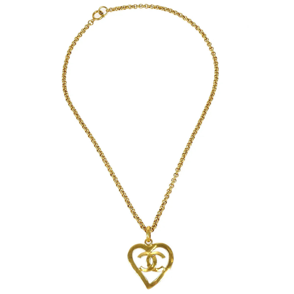 Chanel 1995 Gold CC Heart Cutout Pendant Necklace