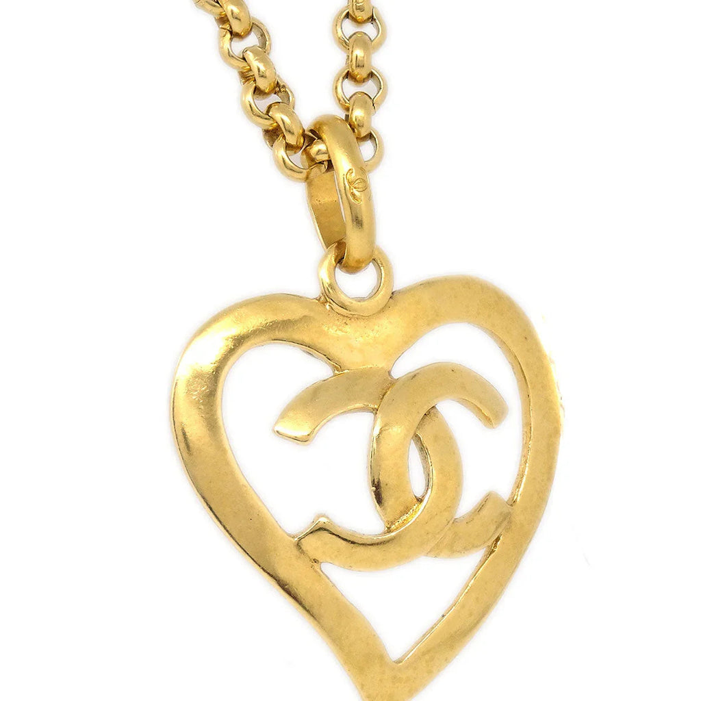 Chanel 1995 Gold CC Heart Cutout Pendant Necklace