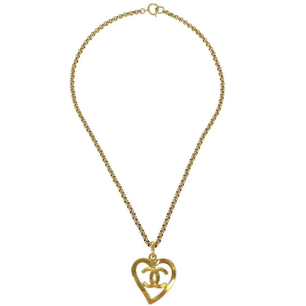 Chanel 1995 Gold CC Heart Cutout Pendant Necklace