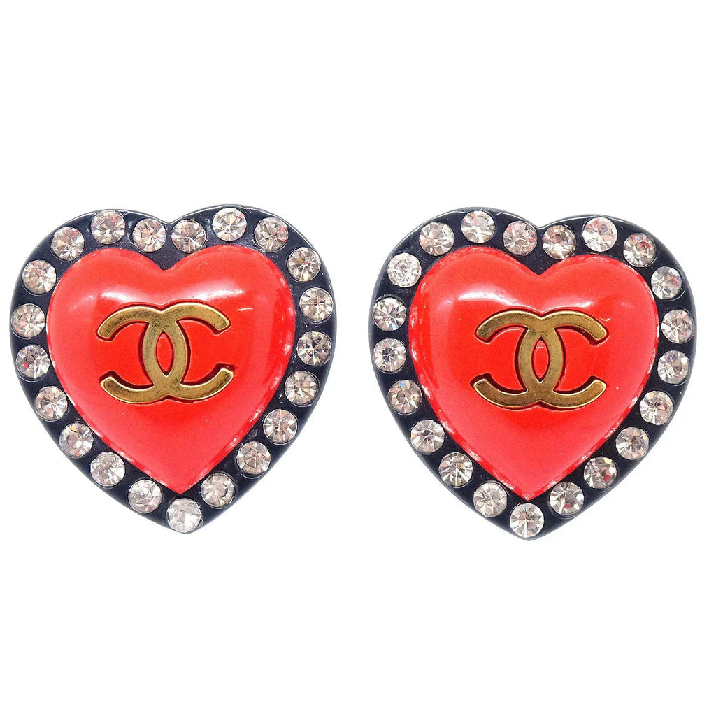 CHANEL Heart Earrings Rhinestone Clip-On 95P