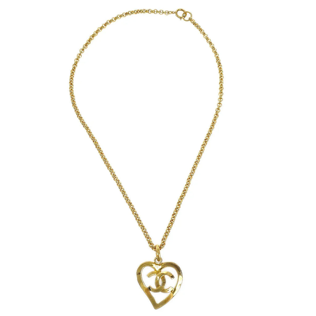 Chanel 1995 Gold CC Heart Cutout Pendant Necklace