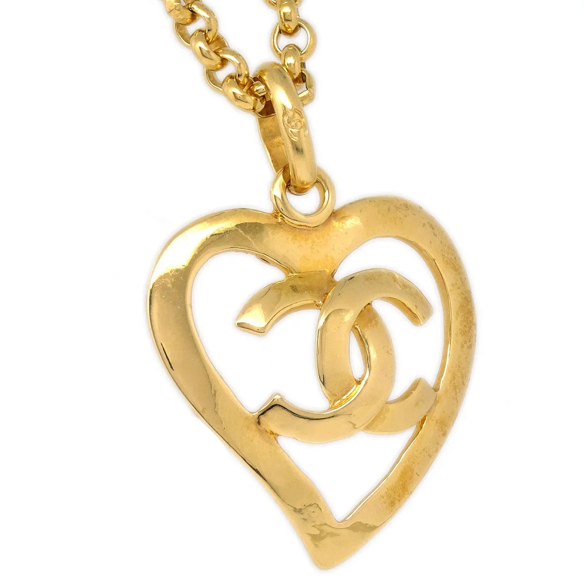 Chanel 1995 Gold CC Heart Cutout Pendant Necklace