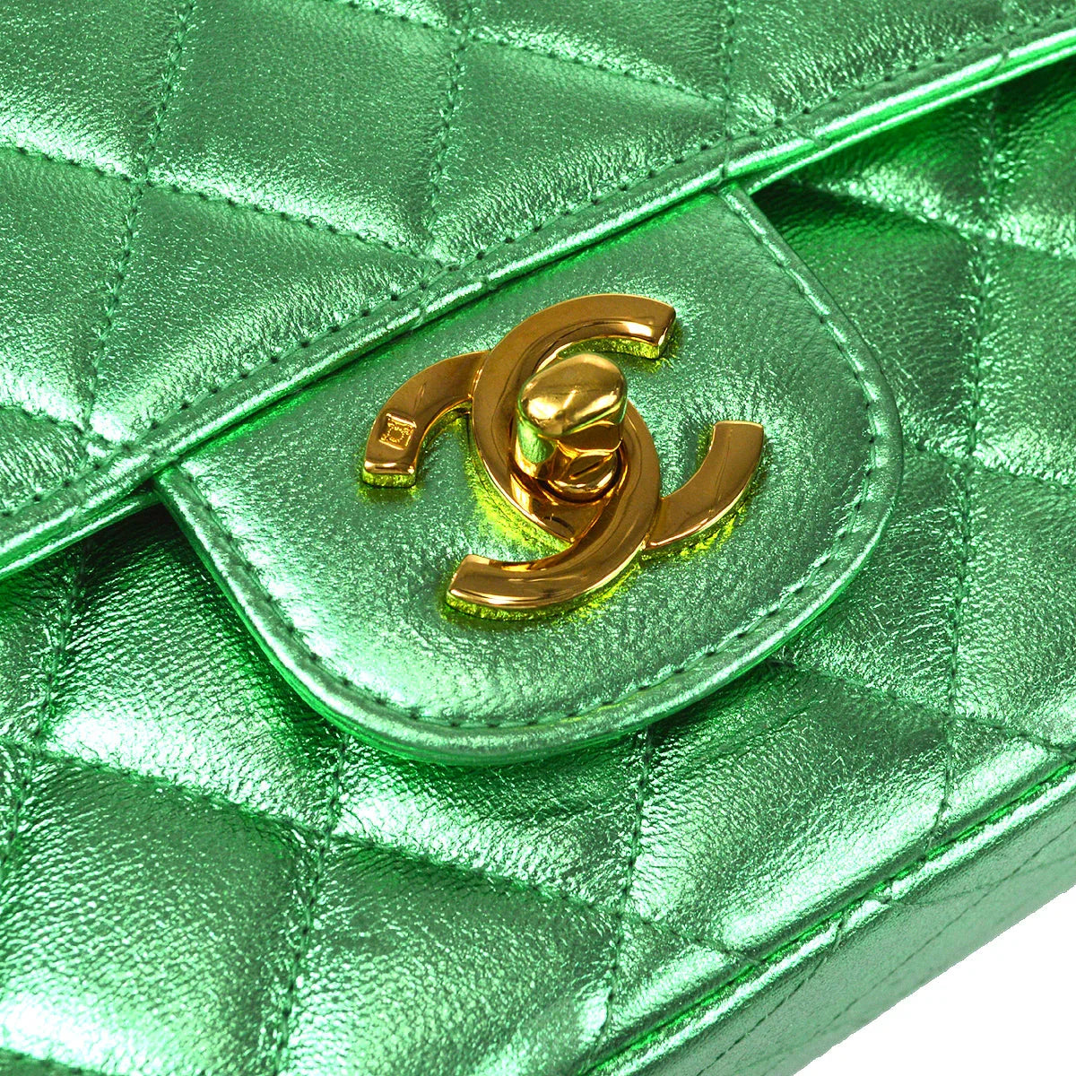 Chanel 1994 Classic Flap Handbag Medium Metallic Green Lambskin