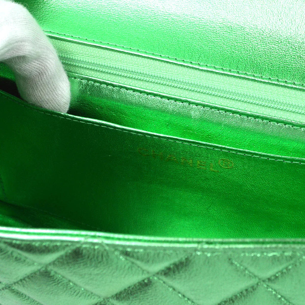 Chanel 1994 Classic Flap Handbag Medium Metallic Green Lambskin