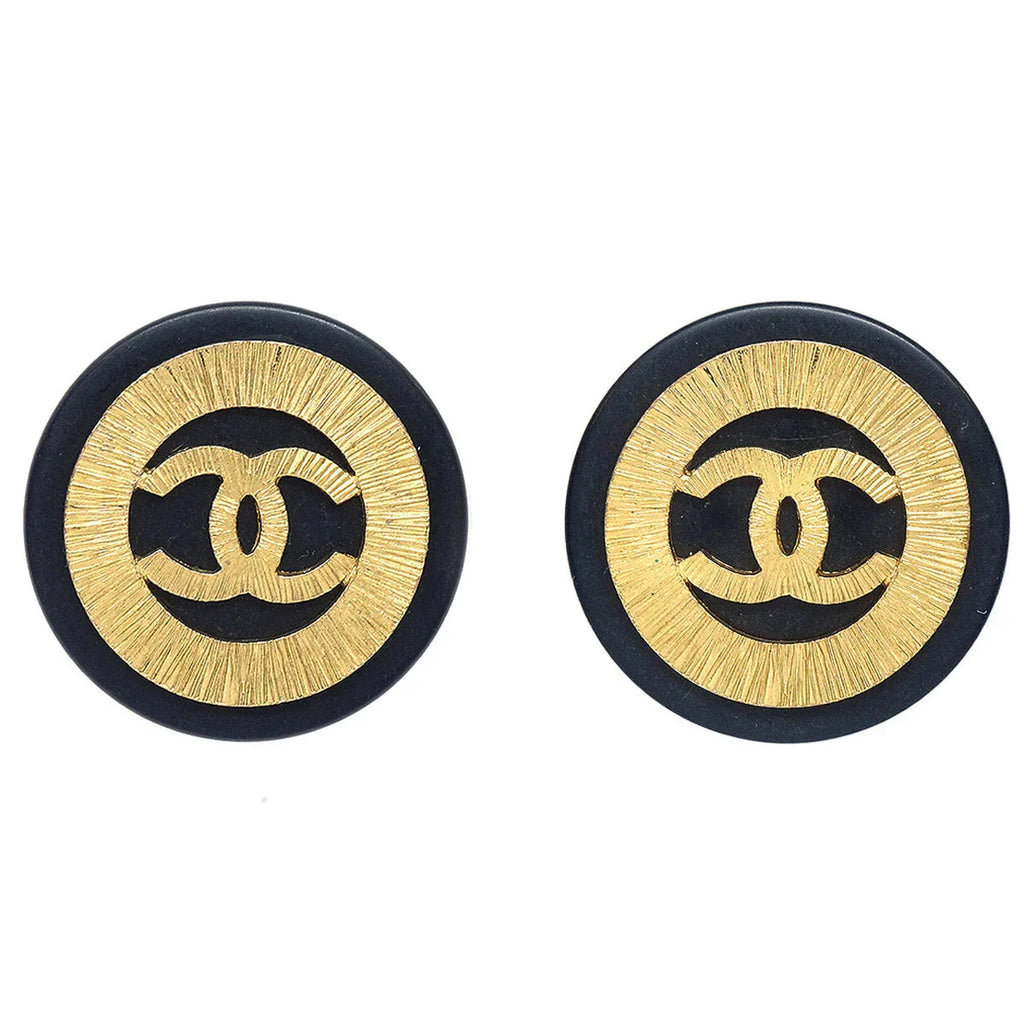 Chanel 1993 Black & Gold Button Earrings Clip-On 28