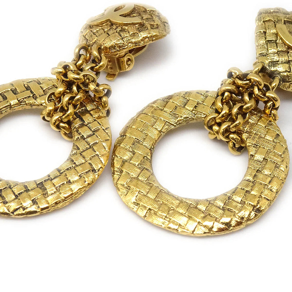 Chanel 1994 Woven CC Hoop Earrings Clip-On Gold 2881