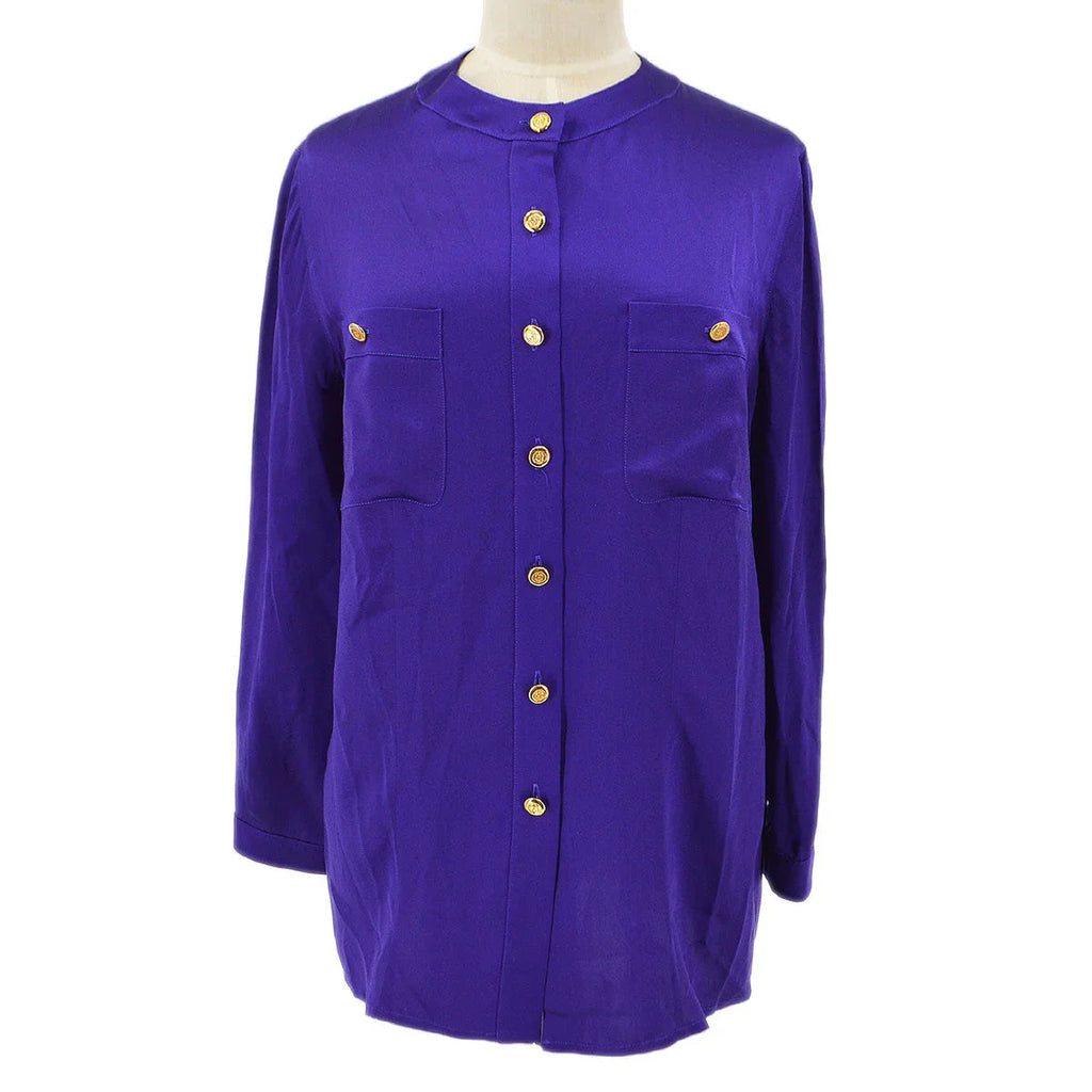 Chanel 1991 logo-buttons collarless silk shirt #38