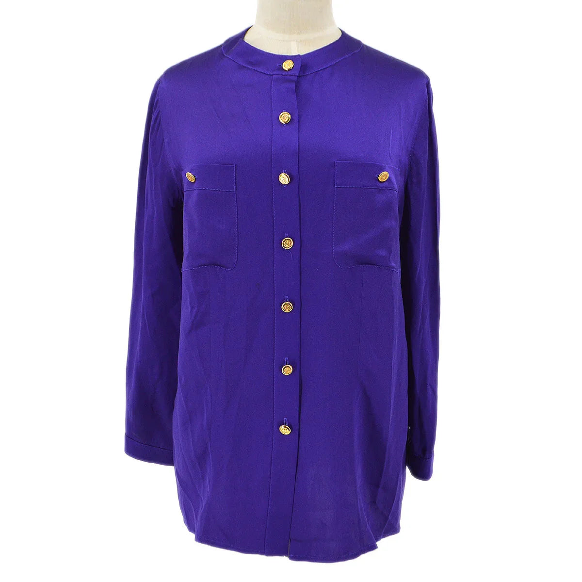 Chanel 1991 logo-buttons collarless silk shirt #38