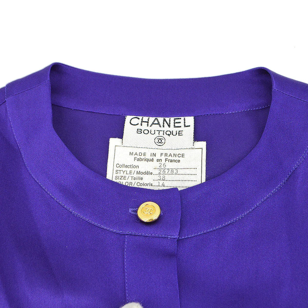 Chanel 1991 logo-buttons collarless silk shirt #38