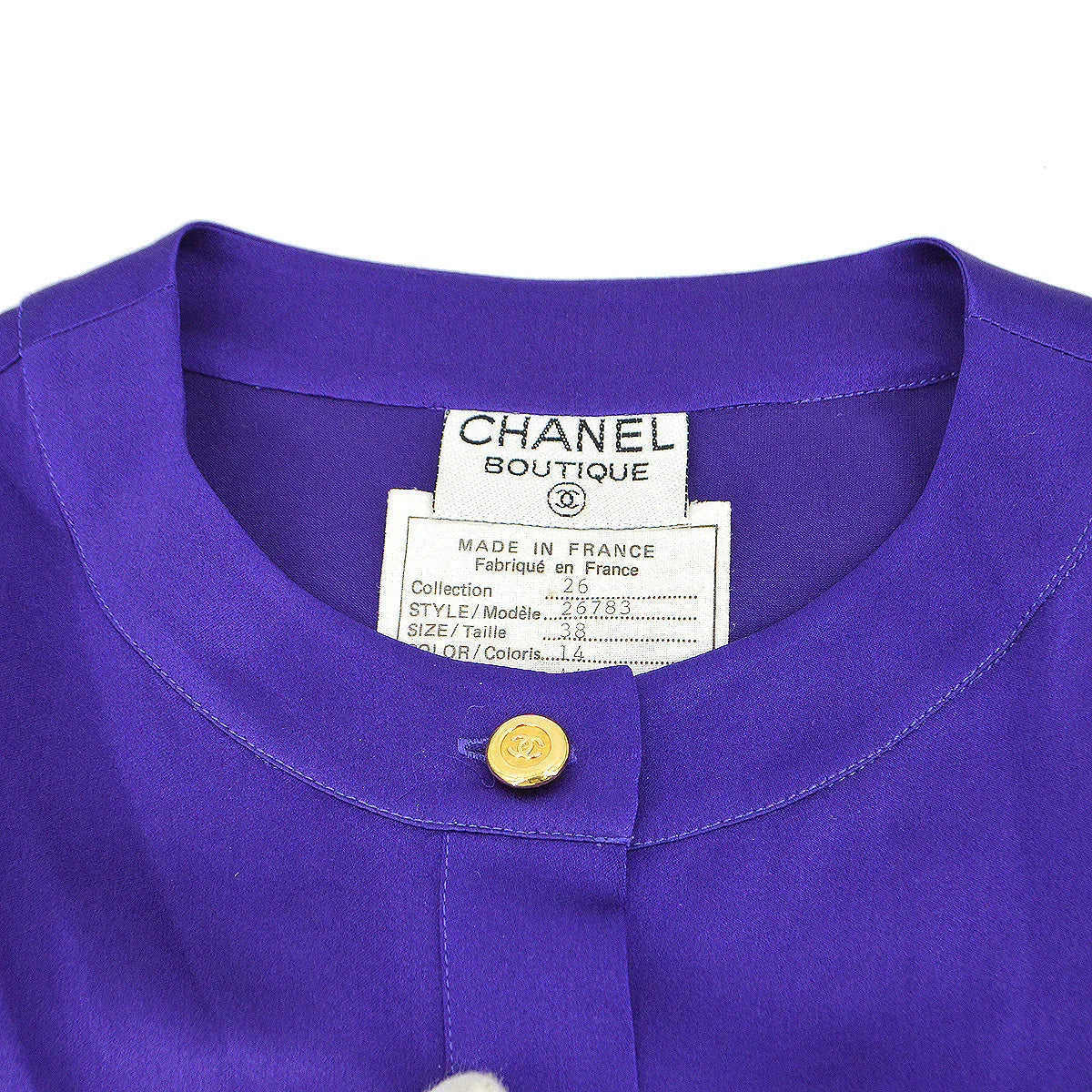 Chanel 1991 logo-buttons collarless silk shirt #38