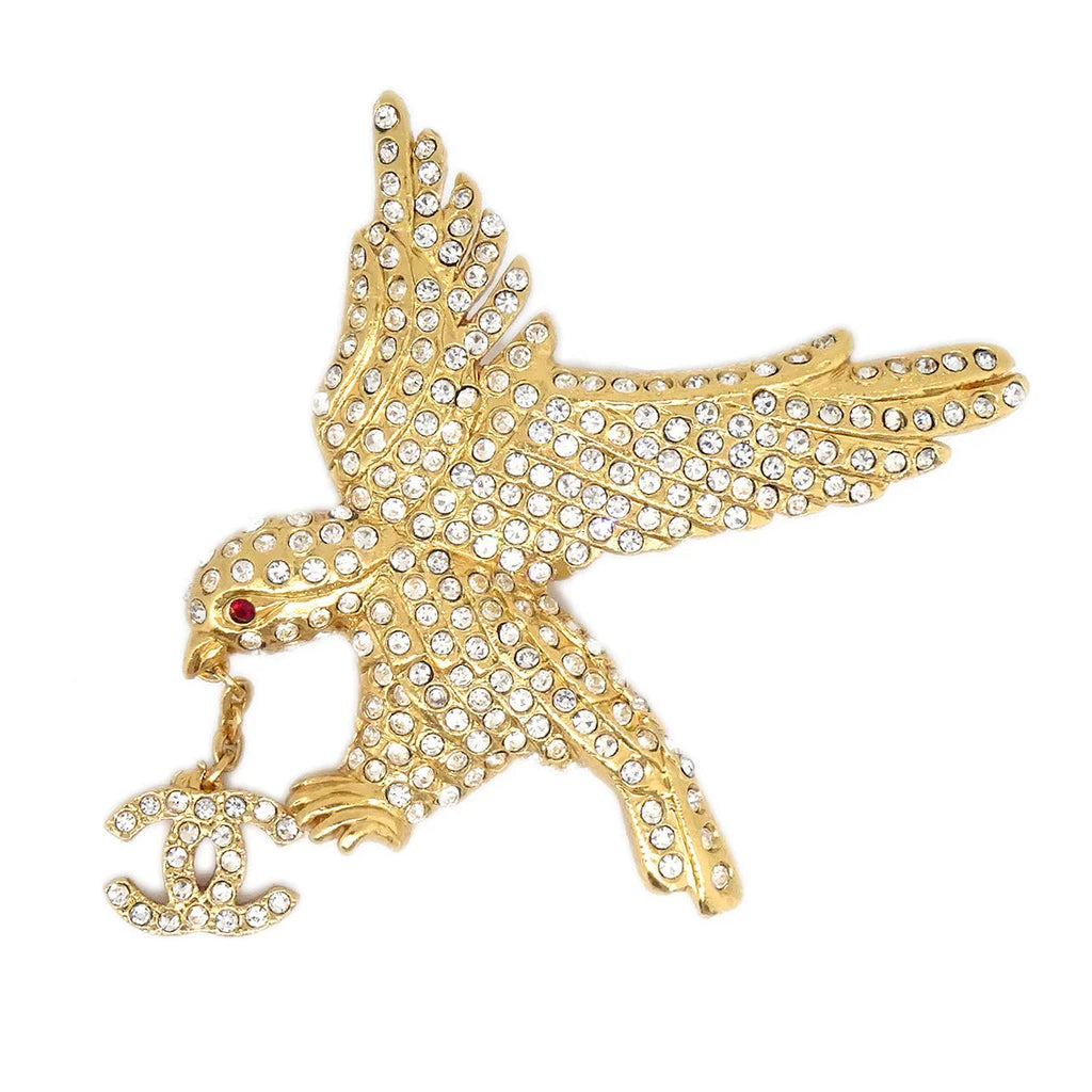 Chanel Eagle Rhinestone Brooch Pin Gold 01P