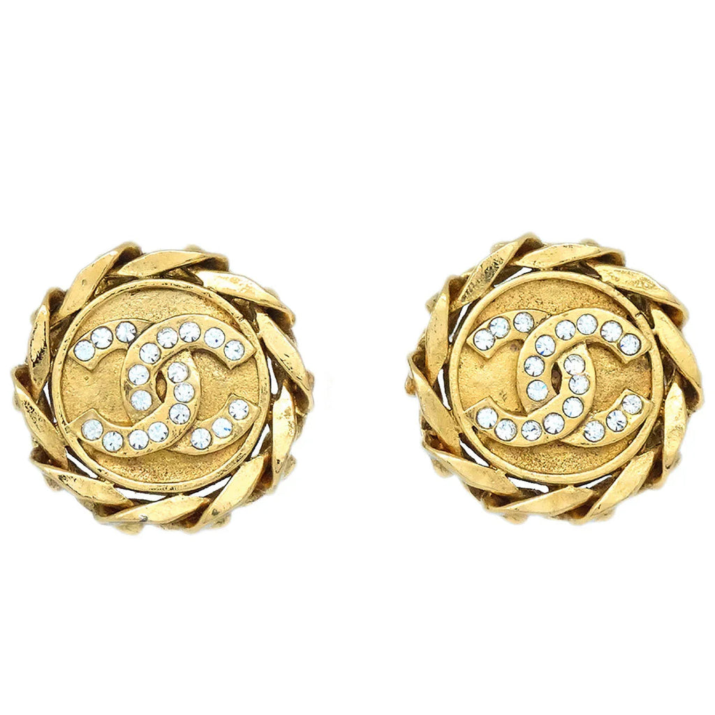 Chanel 1988 Crystal & Gold CC Earrings Clip-On