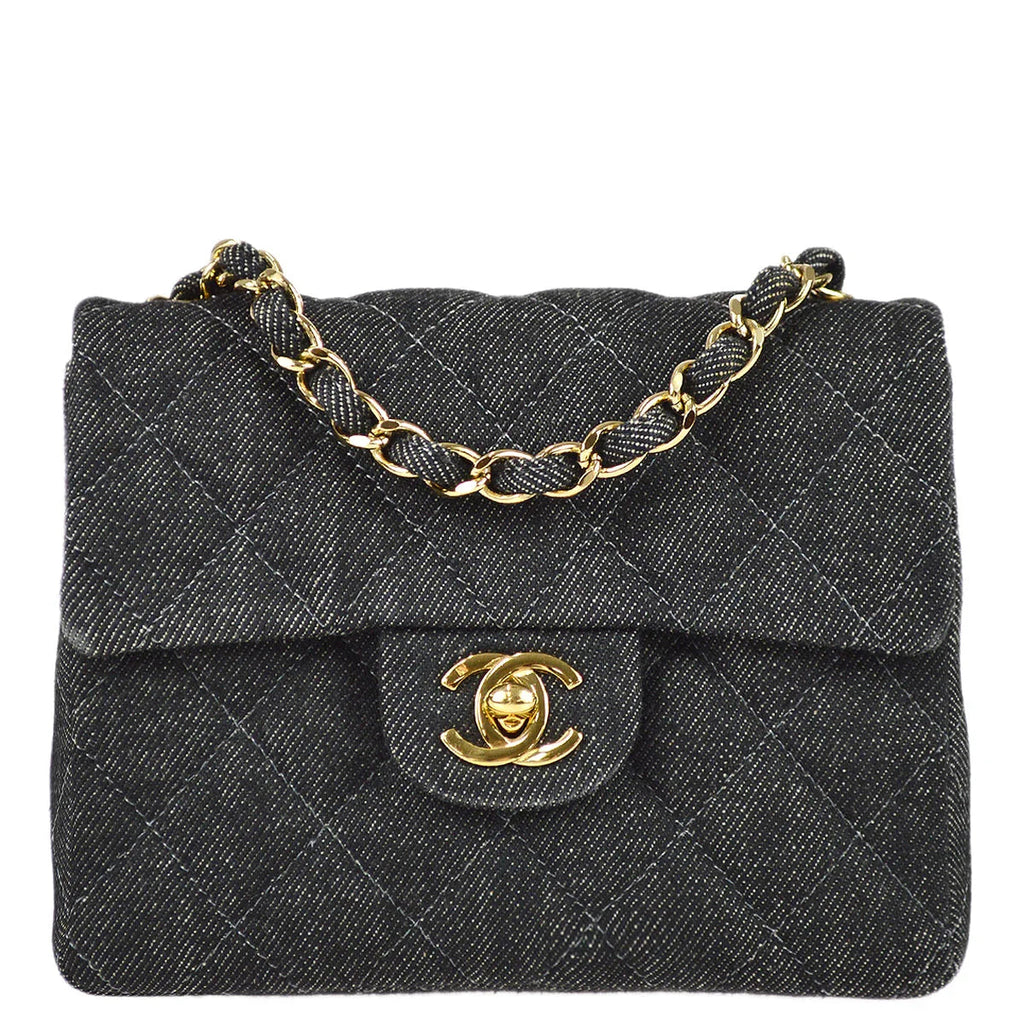 Chanel 1997-1999 Black Denim Mini Classic Square Flap Shoulder Bag 17