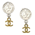 Chanel Medallion Dangle Earrings Gold Silver Clip-On 97P