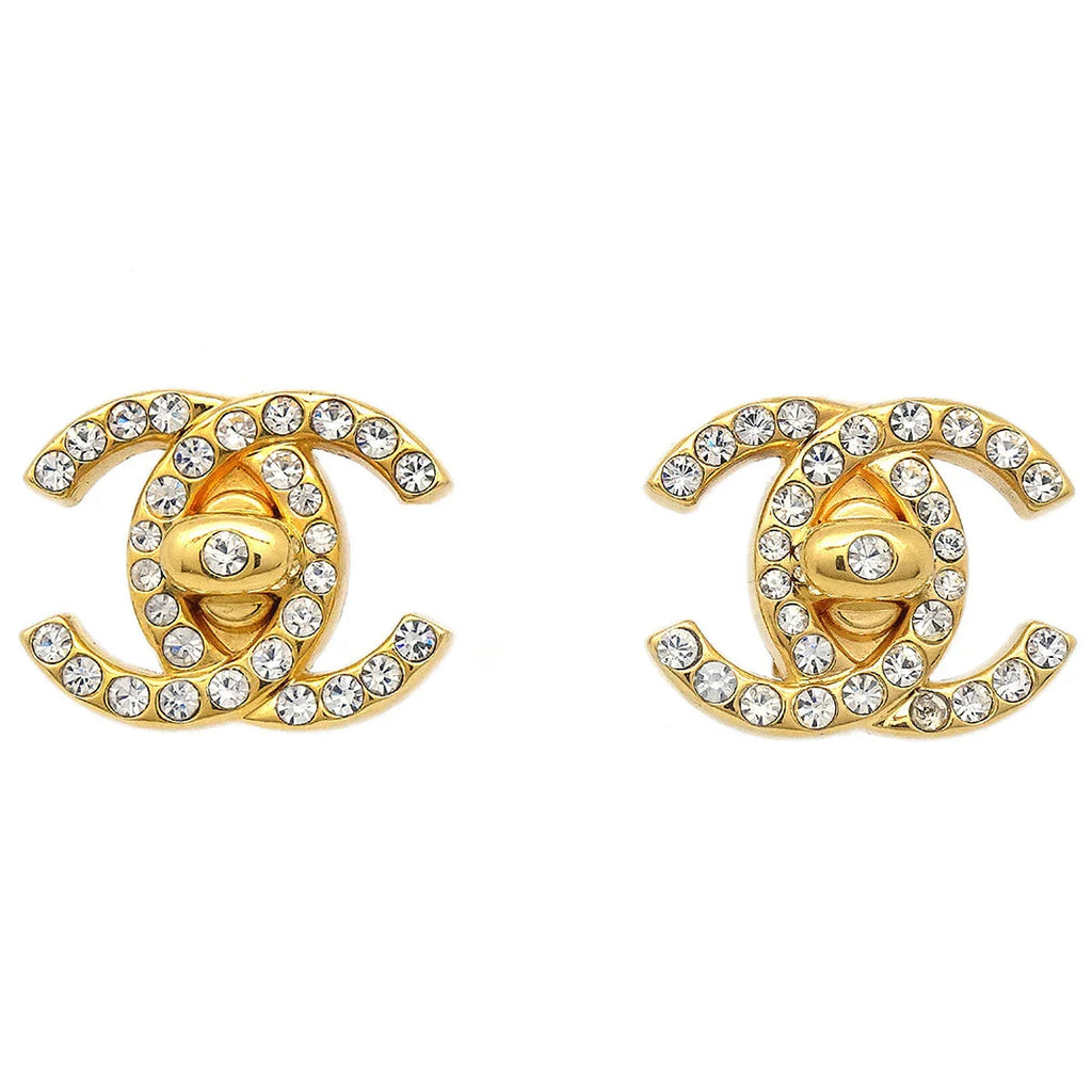 Chanel 1996 Rhinestone CC Turnlock Clip-On Earrings Small