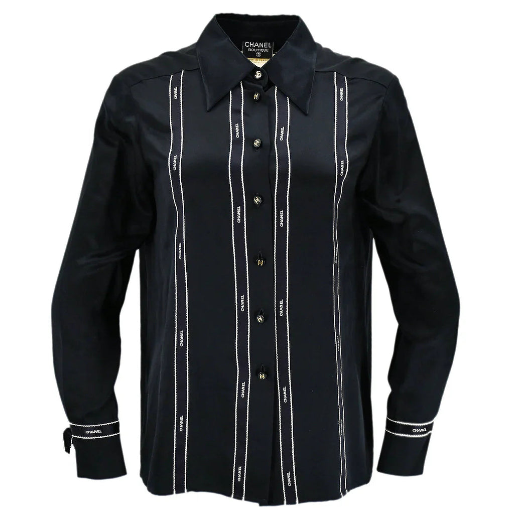 Chanel Ribbon Blouse Shirt Black 94A #40