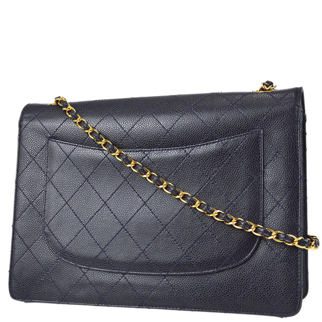 Chanel 1997-1999 Navy Caviar Classic Flap Chain Shoulder Bag