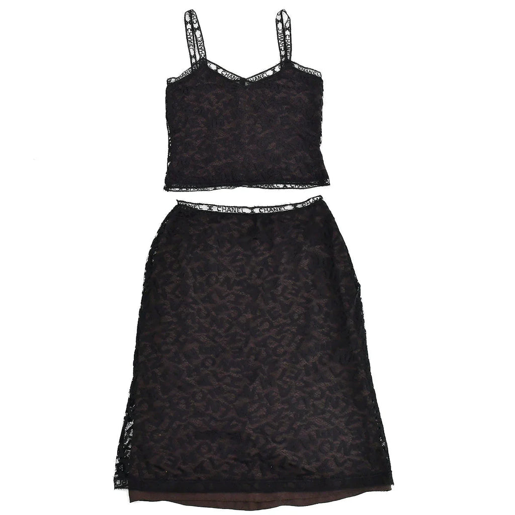 Chanel Lace Top Skirt Set Black Brown 98A #42
