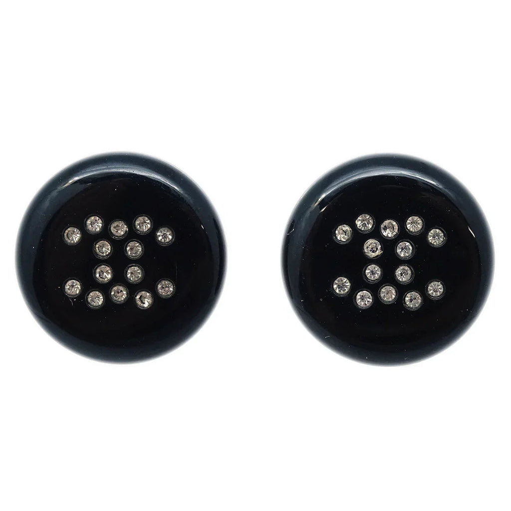 Chanel Button Pierced Earrings Rhinestone Black 00A