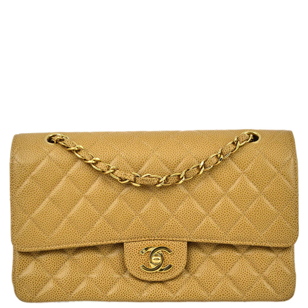 Chanel 2001-2003 Beige Caviar Medium Classic Double Flap Bag SHW