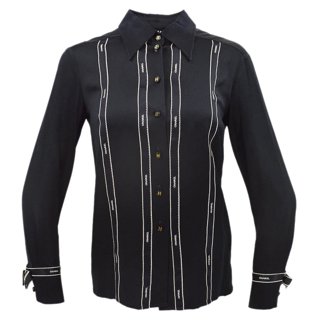 Chanel Ribbon Blouse Shirt Black 94A #36