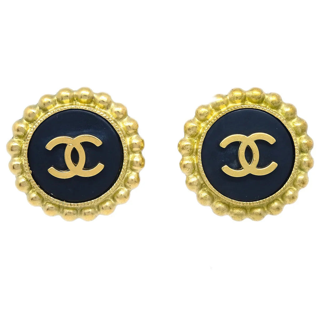 Chanel Gold Black Button Earrings Clip-On 95P