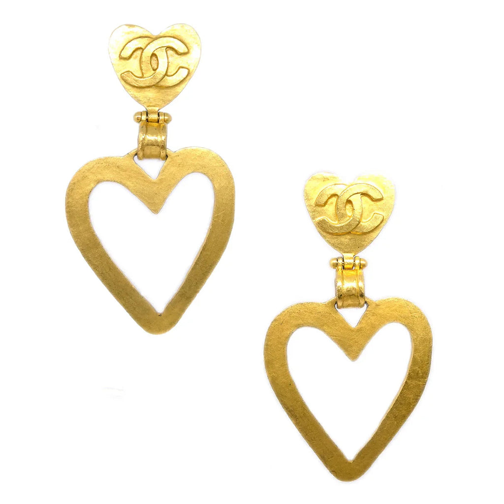 Chanel Heart Dangle Hoop Earrings Gold Clip-On 95P