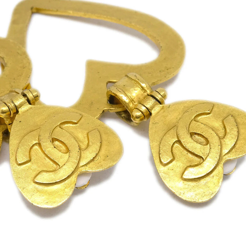 Chanel Heart Dangle Hoop Earrings Gold Clip-On 95P