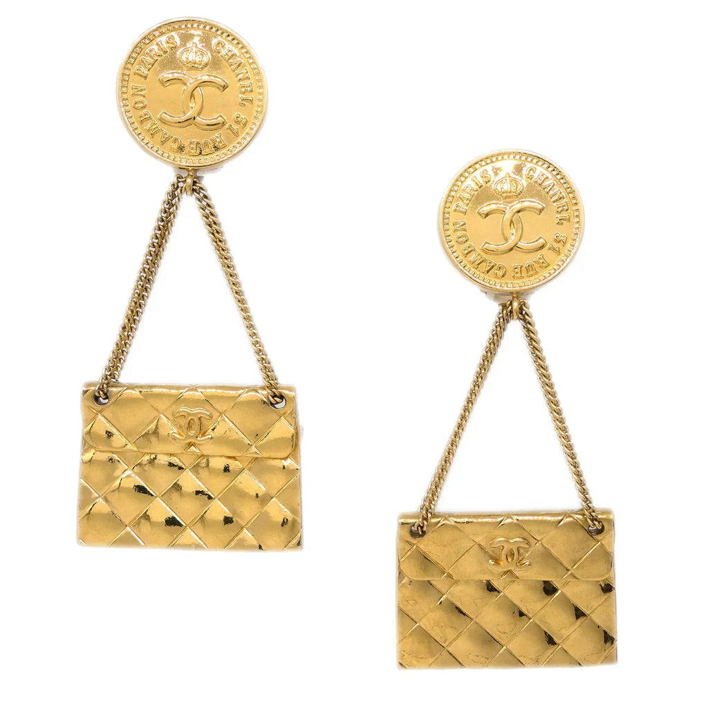 Chanel Gold Bag Dangle Earrings Clip-On