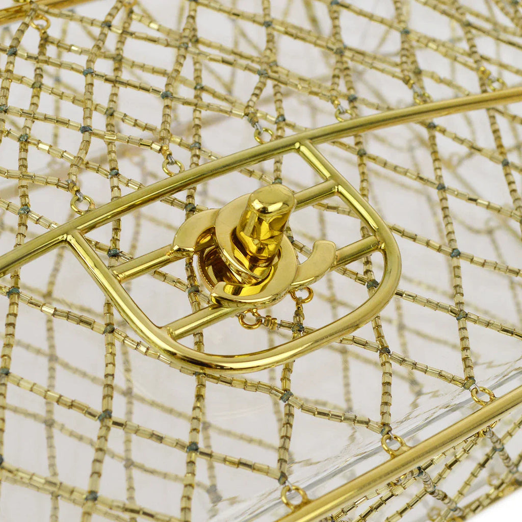 Chanel * Clear Cage Bag in Lucite with Beading, Gold Tone Frame and Chain Strap