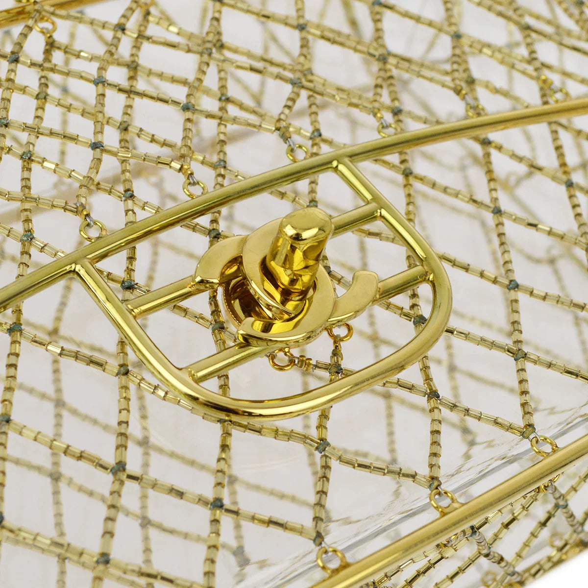 Chanel * Clear Cage Bag in Lucite with Beading, Gold Tone Frame and Chain Strap