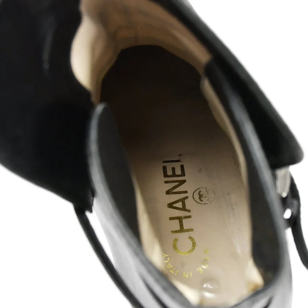 Chanel * Black Leather Short Boots Shoes #36 1/2